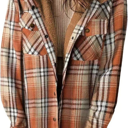 Women's Flannel Warm Jacket Plaid Shirt Fleece Hooded Pocket Casual Quilted Jacket