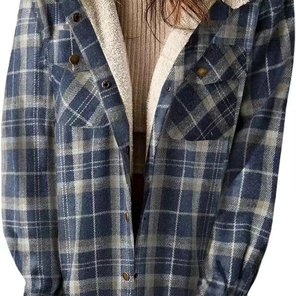 Women's Flannel Warm Jacket Plaid Shirt Fleece Hooded Pocket Casual Quilted Jacket