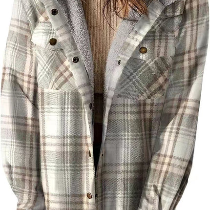 Women's Flannel Warm Jacket Plaid Shirt Fleece Hooded Pocket Casual Quilted Jacket