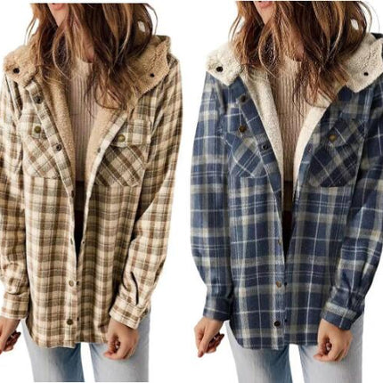 Women's Flannel Warm Jacket Plaid Shirt Fleece Hooded Pocket Casual Quilted Jacket