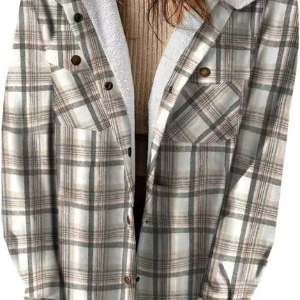 Women's Flannel Warm Jacket Plaid Shirt Fleece Hooded Pocket Casual Quilted Jacket