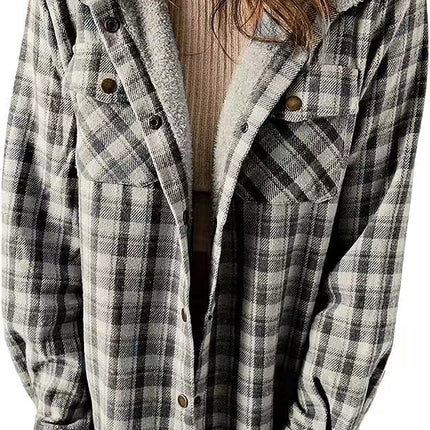 Women's Flannel Warm Jacket Plaid Shirt Fleece Hooded Pocket Casual Quilted Jacket