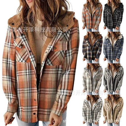 Women's Flannel Warm Jacket Plaid Shirt Fleece Hooded Pocket Casual Quilted Jacket