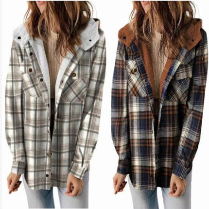 Women's Flannel Warm Jacket Plaid Shirt Fleece Hooded Pocket Casual Quilted Jacket