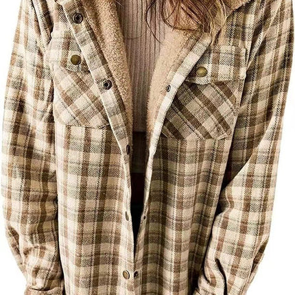 Women's Flannel Warm Jacket Plaid Shirt Fleece Hooded Pocket Casual Quilted Jacket