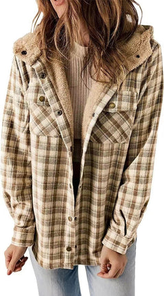 Women's Flannel Warm Jacket Plaid Shirt Fleece Hooded Pocket Casual Quilted Jacket