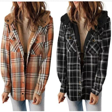 Women's Flannel Warm Jacket Plaid Shirt Fleece Hooded Pocket Casual Quilted Jacket