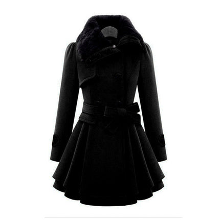 Women's Wool Blend Coat Double Breasted Faux Fur Fur Collar Belt Casual Winter Jacket