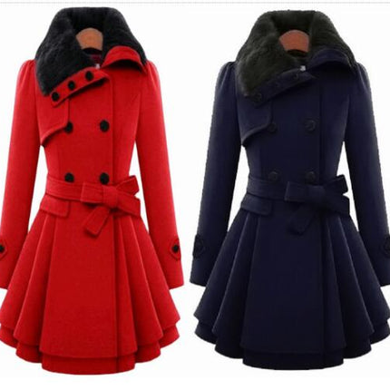 Women's Wool Blend Coat Double Breasted Faux Fur Fur Collar Belt Casual Winter Jacket