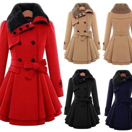 Women's Wool Blend Coat Double Breasted Faux Fur Fur Collar Belt Casual Winter Jacket