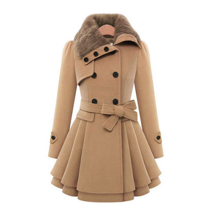 Women's Wool Blend Coat Double Breasted Faux Fur Fur Collar Belt Casual Winter Jacket