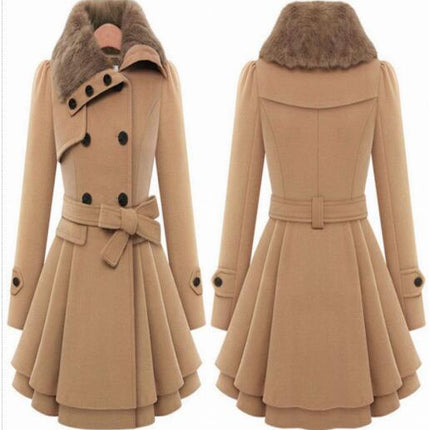 Women's Wool Blend Coat Double Breasted Faux Fur Fur Collar Belt Casual Winter Jacket