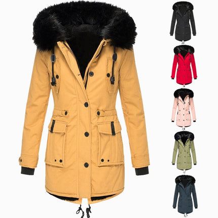 Women's Insulated Faux Fur Hooded Jacket Long Sleeve Fleece Lined Winter Parka Outerwear