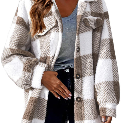 Women's Autumn Winter Casual Oversized Plaid Checked Shirts Fleece Shacket  Coat with Pockets