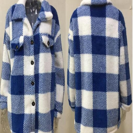 Women's Autumn Winter Casual Oversized Plaid Checked Shirts Fleece Shacket  Coat with Pockets