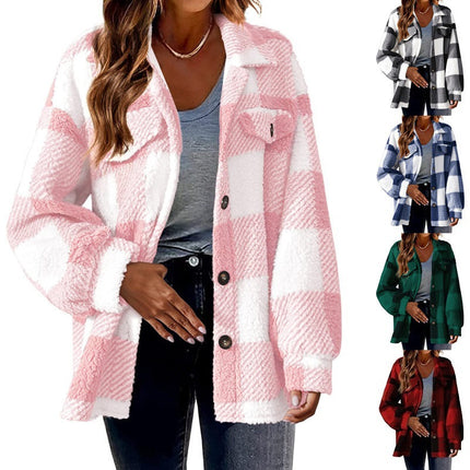 Women's Autumn Winter Casual Oversized Plaid Checked Shirts Fleece Shacket  Coat with Pockets