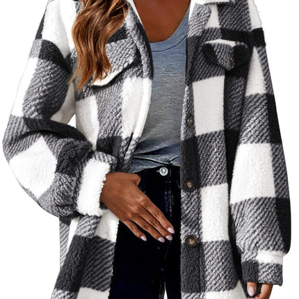 Women's Autumn Winter Casual Oversized Plaid Checked Shirts Fleece Shacket  Coat with Pockets