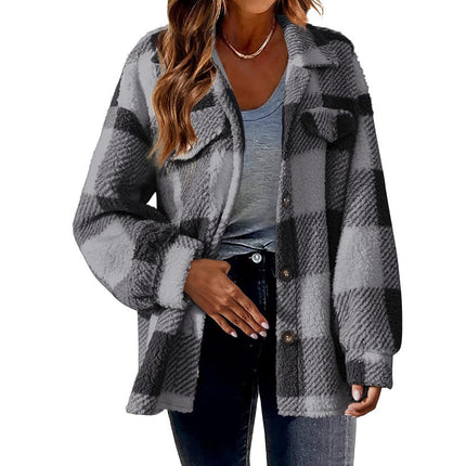 Women's Autumn Winter Casual Oversized Plaid Checked Shirts Fleece Shacket  Coat with Pockets