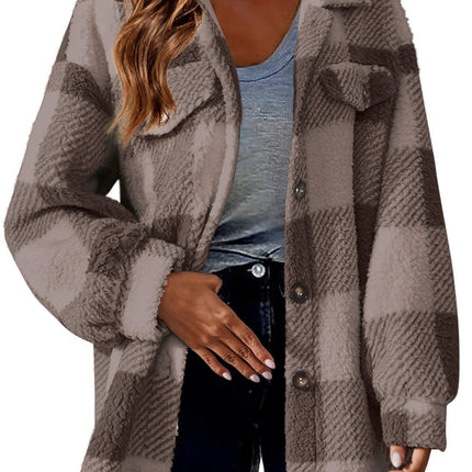 Women's Autumn Winter Casual Oversized Plaid Checked Shirts Fleece Shacket  Coat with Pockets