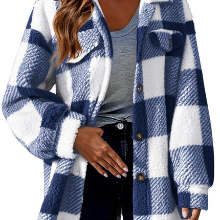 Women's Autumn Winter Casual Oversized Plaid Checked Shirts Fleece Shacket  Coat with Pockets