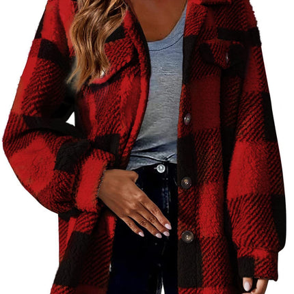 Women's Autumn Winter Casual Oversized Plaid Checked Shirts Fleece Shacket  Coat with Pockets