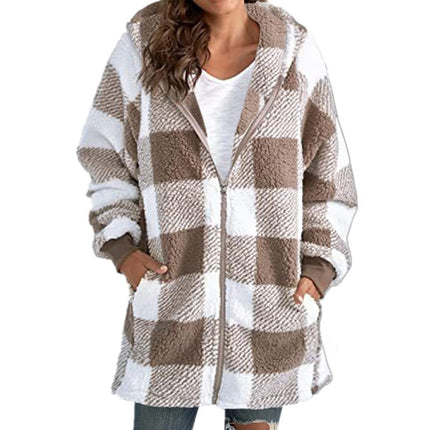 Women's Autumn and Winter Casual Oversized Plaid Shirt Loose Plush Jacket Coat with Pockets