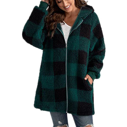 Women's Autumn and Winter Casual Oversized Plaid Shirt Loose Plush Jacket Coat with Pockets