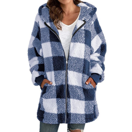 Women's Autumn and Winter Casual Oversized Plaid Shirt Loose Plush Jacket Coat with Pockets