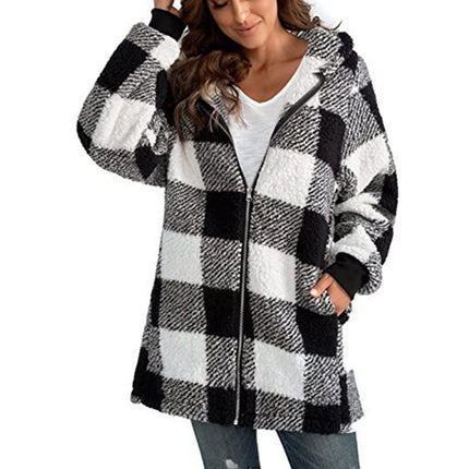 Women's Autumn and Winter Casual Oversized Plaid Shirt Loose Plush Jacket Coat with Pockets