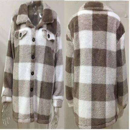 Women's Autumn Winter Casual Oversized Plaid Checked Shirts Fleece Shacket  Coat with Pockets