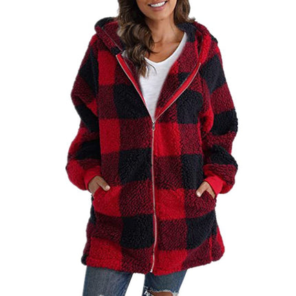 Women's Autumn and Winter Casual Oversized Plaid Shirt Loose Plush Jacket Coat with Pockets