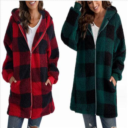 Women's Autumn and Winter Casual Oversized Plaid Shirt Loose Plush Jacket Coat with Pockets