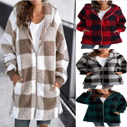 Women's Autumn and Winter Casual Oversized Plaid Shirt Loose Plush Jacket Coat with Pockets