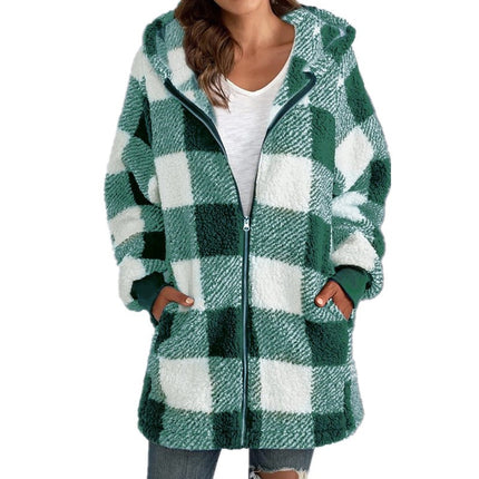 Women's Autumn and Winter Casual Oversized Plaid Shirt Loose Plush Jacket Coat with Pockets