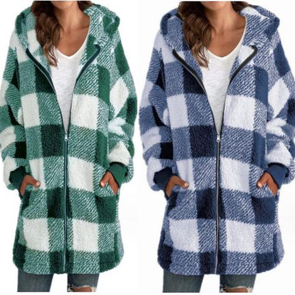 Women's Autumn and Winter Casual Oversized Plaid Shirt Loose Plush Jacket Coat with Pockets