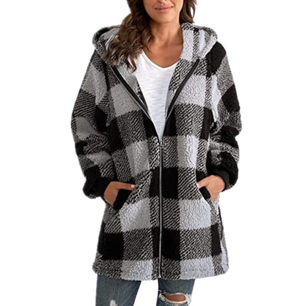 Women's Autumn and Winter Casual Oversized Plaid Shirt Loose Plush Jacket Coat with Pockets