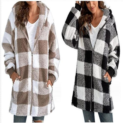 Women's Autumn and Winter Casual Oversized Plaid Shirt Loose Plush Jacket Coat with Pockets