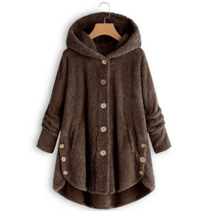 Women's Oversized Faux Fur Jacket, Casual Loose Faux Shearling Hooded Button Winter Coat