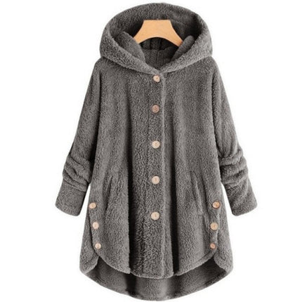 Women's Oversized Faux Fur Jacket, Casual Loose Faux Shearling Hooded Button Winter Coat