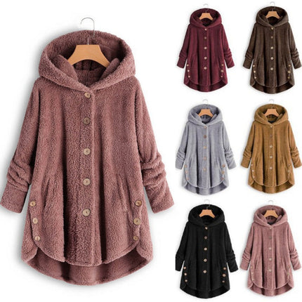 Women's Oversized Faux Fur Jacket, Casual Loose Faux Shearling Hooded Button Winter Coat