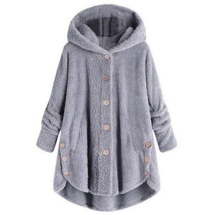 Women's Oversized Faux Fur Jacket, Casual Loose Faux Shearling Hooded Button Winter Coat