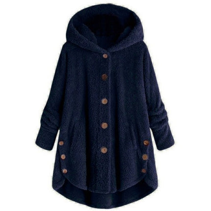 Women's Oversized Faux Fur Jacket, Casual Loose Faux Shearling Hooded Button Winter Coat