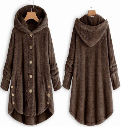 Women's Oversized Faux Fur Jacket, Casual Loose Faux Shearling Hooded Button Winter Coat