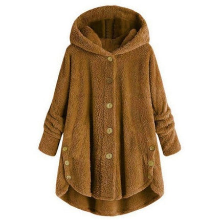 Women's Oversized Faux Fur Jacket, Casual Loose Faux Shearling Hooded Button Winter Coat