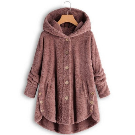 Women's Oversized Faux Fur Jacket, Casual Loose Faux Shearling Hooded Button Winter Coat