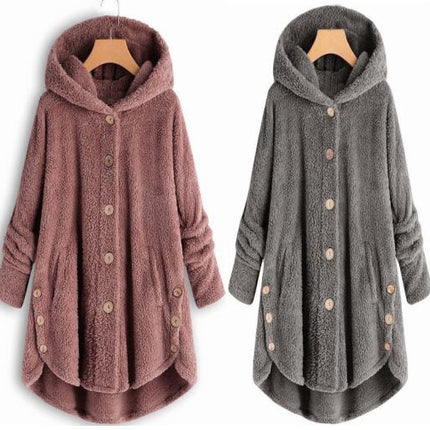 Women's Oversized Faux Fur Jacket, Casual Loose Faux Shearling Hooded Button Winter Coat