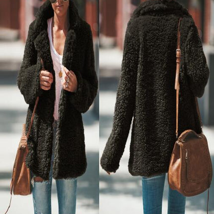 Women's Faux Fur Short Jacket, Winter Fluffy Shearling Lapel Cardigan Jacket