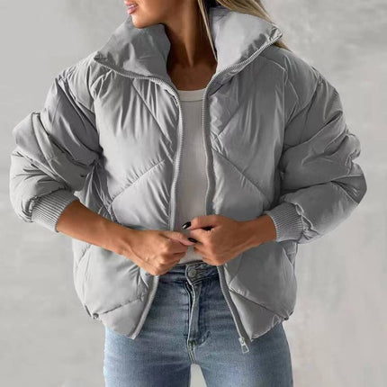 Women's Quilted Batwing Sleeve Long Sleeve Full Zipper Pocket Warm Short Jacket