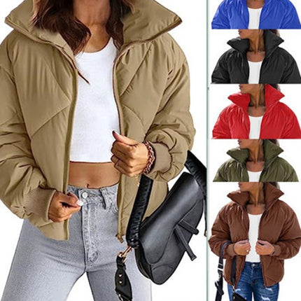 Women's Quilted Batwing Sleeve Long Sleeve Full Zipper Pocket Warm Short Jacket