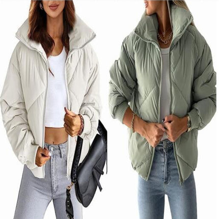 Women's Quilted Batwing Sleeve Long Sleeve Full Zipper Pocket Warm Short Jacket